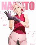 1girl absurdres adjusting_clothes adjusting_gloves bike_shorts bike_shorts_under_skirt black_gloves commentary_request contrapposto cowboy_shot forehead_protector gloves green_eyes hairband haruno_sakura highres naruto_(series) naruto_shippuuden pink_hair pink_lips pink_skirt red_hairband saburo_des skirt solo twitter_username 