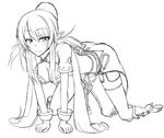  all_fours blush breasts flask_(pandora) greyscale highres judith looking_at_viewer medium_breasts monochrome pointy_ears simple_background smile solo tales_of_(series) tales_of_vesperia white_background 