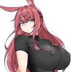  1girl absurdres animal_ears arknights black_shirt breasts closed_mouth commentary_request covered_collarbone covered_nipples hair_between_eyes highres impossible_clothes large_breasts long_hair looking_at_viewer multicolored_hair pink_hair purple_eyes purple_hair ray_(arknights) shirt short_sleeves simple_background solo streaked_hair turning_head upper_body white_background xibu_cai 