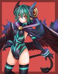  :o arcana_trust border breasts demon_girl elbow_gloves gloves green_hair highres horns large_wings looking_at_viewer medium_breasts pointy_ears red_background red_eyes shinrabanshou short_hair solo succubus symbol-shaped_pupils tail taishi_(picchiridou) thighhighs wings 