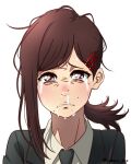  1girl absurdres black_jacket black_necktie black_skirt brown_eyes brown_hair chainsaw_man commentary_request crying drooling frown hair_ornament hairclip higashiyama_kobeni highres jacket mole mole_under_eye mole_under_mouth multiple_moles necktie ponytail portrait raised_inner_eyebrows saburo_des saliva single_sidelock skirt snot_trail solo streaming_tears sweat tears textless_version twitter_username 