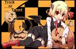  bat_wings black_legwear blonde_hair blush boots checkered checkered_background chocolate demon_tail garter_straps hair_ribbon highres horns jack-o'-lantern jpeg_artifacts looking_at_viewer miniskirt necktie outline pleated_skirt red_eyes ribbon rumia shamo_(koumakantv) skirt solo tail thighhighs tongue tongue_out touhou wings 