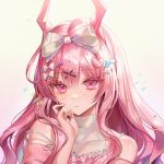  1girl bat_hair_ornament blunt_bangs blush bow closed_mouth clothing_cutout frills hair_bow hair_ornament hand_up heart heart_hair_ornament highres horns long_hair looking_at_viewer original parted_hair pink_bow pink_eyes pink_hair pink_sweater shoulder_cutout sparkle_hair_ornament strap_slip sweater wavy_hair white_background white_bow x_hair_ornament yp1091 