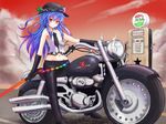  alternate_costume black_gloves blue_hair food fruit gas_pump gloves goggles goggles_on_headwear gradient_hair ground_vehicle harley_davidson hat hinanawi_tenshi long_hair looking_at_viewer midriff motor_vehicle motorcycle multicolored_hair navel peach purple_hair red_eyes solo sumapan sword_of_hisou touhou 