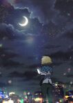  1boy blonde_hair blue_jacket blurry bokeh building cellphone city_lights cloud collared_jacket crescent_moon depth_of_field facing_away feet_out_of_frame flipped_hair from_behind green_eyes green_pants grey_shirt hashtag-only_commentary highres holding holding_phone jacket layered_sleeves lens_flare long_sleeves male_focus mise_yuzuki moon moonlight night night_sky nijisanji pants phone plaid_clothes plaid_jacket ribbed_shirt shirt short_hair short_over_long_sleeves short_sleeves sky smartphone solo standing star_(sky) starry_sky uzuki_kou uzuki_kou_(1st_costume) v-neck virtual_youtuber white_jacket 