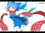  ahoge blue_eyes blue_hair blue_skirt bow cirno fang hair_bow haruyonoto highres letterboxed open_mouth outstretched_arms scarf shirt short_hair short_sleeves skirt smile solo thighhighs touhou white_legwear wings zettai_ryouiki 