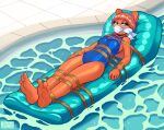 2025 absurd_res anthro blue_clothing blue_eyes blue_swimwear bound breasts brown_body brown_fur brown_hair cloth_gag clothing eyelashes feet female fur gag glistening hair hi_res inflatable jamoart lying mammal on_back one-piece_swimsuit pool_float rope small_breasts solo swimming_pool swimwear