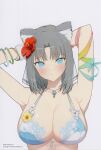  1girl absurdres animal_ears arm_ribbon armpits arms_behind_head arms_up bikini blue_bikini blue_eyes blush bow breasts cat_ears cat_girl cleavage flower front-tie_bikini_top front-tie_top grey_hair hair_bow hair_flower hair_ornament highres jewelry large_breasts looking_at_viewer magazine_scan necklace non-web_source official_alternate_costume official_art ribbon scan senran_kagura senran_kagura_new_link shirt solo striped_bow swimsuit translation_request upper_body white_bow yaegashi_nan yumi_(senran_kagura) 