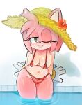 2x_(artist) amy_rose anthro areola areola_slip big_breasts bikini black_nose blush blush_lines bracelet breasts clothing eulipotyphlan eyelashes female front_view fur gloves green_eyes hair handwear hat head_tuft headgear headwear hedgehog hi_res jewelry looking_at_viewer mammal navel one_eye_closed partially_submerged pink_areola pink_body pink_fur pink_hair red_bikini red_clothing red_swimwear sega short_hair simple_background sitting smile solo sonic_the_hedgehog_(series) straw_hat sun_hat swimming_pool swimwear tan_body tan_fur thick_thighs tuft two-piece_swimsuit white_background white_clothing white_gloves white_handwear wide_hips wink winking_at_viewer