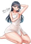  1girl absurdres arm_up black_hair blush commentary dated highres holding holding_towel houshou_(kancolle) kantai_collection katou_shinobu long_hair naked_towel one-hour_drawing_challenge open_mouth simple_background smile solo thighs towel twitter_username wet white_background 