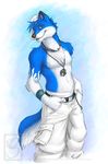  baseball_cap belt blue_eyes blue_fur canine flamslade fur hat looking_at_viewer male mammal medal necklace necklance paws solo topless 