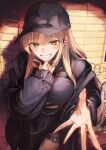  1girl alley alternate_breast_size_(larger) baseball_cap black_hat black_jacket black_mask black_shirt black_skirt blonde_hair blush breasts brick_wall chest_harness commentary fisheye foreshortening grin half-skirt harness hat highres jacket large_breasts long_hair long_sleeves looking_at_viewer mask mask_pull miniskirt mouth_mask nijisanji o-ring o-ring_thigh_strap offering_hand official_alternate_costume otsudou reaching reaching_towards_viewer shirt sister_claire sister_claire_(9th_costume) skirt smile solo straight_hair thigh_strap virtual_youtuber wispy_bangs yellow_eyes 