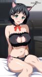  1girl absurdres animal_cutout animal_ears bare_shoulders bell black_bra black_choker black_hair black_panties blush bra breasts cat_cutout cat_ear_panties cat_ears cat_lingerie choker cleavage_cutout clothing_cutout embarrassed highres indexxryo indoors jingle_bell kirigaya_suguha large_breasts looking_at_viewer navel neck_bell open_mouth panties side-tie_panties sitting solo sword_art_online underwear underwear_only 