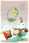  :o animal_focus black_eyes blue_fur border character_snowman closed_eyes comfey cyndaquil darumaka flower full_body green_eyes grey_background grey_sky grin happy_new_year highres isutai looking_at_another no_humans open_mouth outdoors pink_flower pokemon pokemon_(creature) red_flower rope_necklace simple_background sky smile snout snowball standing white_border white_flower yellow_flower yellow_fur 