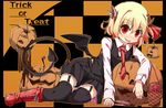  bat_wings black_legwear blonde_hair blush boots checkered checkered_background chocolate demon_tail garter_straps hair_ribbon halloween horns jack-o'-lantern jpeg_artifacts looking_at_viewer necktie outline red_eyes revision ribbon rumia shamo_(koumakantv) skirt solo tail thighhighs tongue tongue_out touhou trick_or_treat wings 