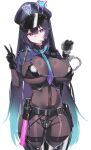  1girl absurdres bdsm belt bikini black_belt black_bikini black_gloves black_pantyhose bodystocking bodysuit bondage bound breasts covered_navel cuffs english_commentary gloves glowstick handcuffs highres krabking large_breasts long_hair original pantyhose police police_uniform policewoman purple_eyes shackles simple_background swimsuit v white_background 
