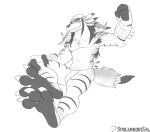 3_toes 5_fingers abs alternate_species anthro areola arm_belt armpit_hair artist_name bandai_namco beard belt biceps biped body_hair bulge claws closed_smile clothed clothed_anthro clothed_male clothing digimon digimon_(species) digital_drawing_(artwork) digital_media_(artwork) dipstick_ears dipstick_tail ear_markings ear_piercing ear_ring eyebrow_piercing eyebrows facial_hair facial_piercing fangs feet finger_claws fingerless_(marking) fingers fist full-length_portrait fur greyscale hair hand_on_knee hand_on_leg hand_on_own_knee hand_on_own_leg headgear headwear hi_res humanoid_hands jockstrap leg_belt long_ears long_hair looking_at_viewer male male_anthro markings monochrome monotone_background mouth_closed multicolored_body multicolored_ears multicolored_fur muscular muscular_anthro muscular_male navel neck_tuft nipples overbite patreon patreon_logo patreon_username pecs piercing portrait quads raised_arm ring_piercing shadowweregarurumon sharp_teeth simple_background smile smiling_at_viewer solo spelunker_sal spelunker_sal_(character) striped_body striped_fur stripes tail tail_markings teeth text three-quarter_view toe_claws toes topless topless_anthro topless_male tuft underbite underwear white_background