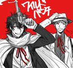  bad_id bad_pixiv_id butch_cassidy drifters facial_hair gloves gun handgun hat monochrome multiple_boys mustache pistol scarf short_hair smirk spot_color sundance_kid teeth weapon yakumo_(ykm) 