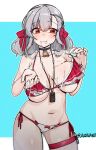  1girl bare_shoulders bell bikini black_choker blue_background blush bow bow_bikini breasts choker closed_mouth collarbone cowbell cum cum_in_mouth cum_on_body cum_on_breasts cum_on_hands frilled_bikini frills girls'_frontline girls'_frontline_2:_exilium grey_hair hair_between_eyes hair_bow holding_strap huge_breasts medium_hair navel neck_bell penis pouch red_bikini red_bow red_eyes sabrina_(girls'_frontline_2) side-tie_bikini_bottom solo spas-12_(girls'_frontline) stomach swimsuit thigh_pouch thigh_strap thighs tilt-shift_(azalanz) twitter_username two-tone_background white_background 