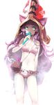  animal_ears bikini breasts candy candy_cane ears_through_headwear eating flower food green_hair hat hat_flower holding holding_candy_cane joypyonn league_of_legends long_hair looking_at_viewer lulu_(league_of_legends) navel petite pouch purple_hair simple_background small_breasts solo swimsuit witch_hat 