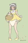 absurd_res basket bib blush clothing container diaper dress embarrassed felid feline feline_ears female floofnfluff flower_girl gloves handwear hi_res mammal petals solo text text_on_clothing