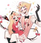  +++ 1boy 1girl ^_^ apple_sticker black_boots black_bow black_bowtie black_hands black_tail blonde_hair blush boots bow bowtie charlie_morningstar child circle_facial_mark closed_eyes colored_extremities commentary curtained_hair demon_boy demon_girl demon_tail dress family_bonding fangs father_and_daughter flower hair_ornament hairclip hako_iix07 hand_on_another&#039;s_back hand_up hazbin_hotel heart heart_print heart_sticker hellaverse highres invisible_chair jewelry long_hair long_sleeves lucifer_morningstar_(hazbin_hotel) open_mouth orange_bow outline pants pink_bow pink_outline pink_vest polka_dot polka_dot_bow rainbow_sticker red_bow red_dress red_shoes ring sharp_teeth shirt shoes short_hair simple_background sitting sitting_on_lap sitting_on_person smile sparkle sticker sticker_on_hair striped_bow striped_clothes striped_vest symbol-only_commentary tail tail_bow tail_flower tail_ornament teeth too_many_hair_ornaments too_many_stickers traditional_bowtie vertical-striped_clothes vertical-striped_vest vest white_background white_flower white_pants white_shirt 