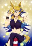  1girl absurdres animal_ears anime_coloring animedia armpit_crease asymmetrical_legwear belt black_shirt blonde_hair blue_background blue_eyes blue_hair bracelet breasts cleavage closed_mouth collarbone collared_shirt colored_tips copyright_name copyright_notice cropped_shirt crossed_legs earrings hair_between_eyes highres holding holding_star horse_ears horse_girl horse_tail jewelry light_blush long_hair looking_at_viewer magazine_scan medium_breasts midriff multicolored_hair nail_polish navel necklace obey_your_master_(umamusume) official_art reaching reaching_towards_viewer red_thighhighs scan shirt sidelocks single_thighhigh sitting smile solo star-shaped_pupils star_(symbol) star_necklace striped_clothes striped_thighhighs symbol-shaped_pupils tail textless_version thighhighs too_many_stars two-tone_background two-tone_hair two-tone_thighhighs umamusume umamusume:_cinderella_gray uneven_legwear white_belt white_thighhighs wristband yellow_background yellow_nails yoriko 