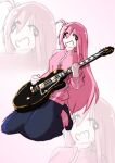  1girl 6_9 black_shoes blue_skirt bocchi_the_rock! commentary full_body gotoh_hitori guitar hair_ornament highres holding holding_guitar holding_instrument instrument jacket kneeling long_hair long_sleeves mamodrawsart open_mouth pale_skin pants pants_under_skirt pink_hair pink_jacket pink_pants shoes signature skirt solo sweat track_jacket white_background zoom_layer 