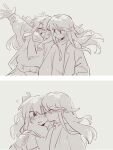  2girls absurdres arm_up baimaoyiguoqi chinese_commentary closed_eyes commentary_request greyscale highres hoshino_ichika_(project_sekai) jacket kiss kissing_cheek long_hair monochrome multiple_girls open_mouth project_sekai scarf smile tenma_saki twintails yuri 