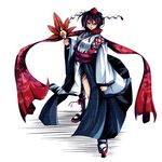  alternate_costume azusayumi_meme bad_id bad_pixiv_id black_hair detached_sleeves fan geta hat hauchiwa kourindou_tengu_costume long_sleeves looking_at_viewer obi red_eyes sash scarf shameimaru_aya short_hair solo tokin_hat touhou 