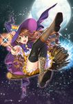  :d artist_name black_legwear boots bow briska broom brown_hair cross-laced_footwear full_moon green_eyes hat holding long_hair moon open_mouth original outstretched_arm signature sitting skirt sky smile solo sparkle star star_(sky) starry_sky thighhighs wand witch_hat 