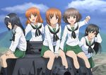  adjusting_hair ahoge akiyama_yukari arm_support bangs black_eyes black_hair black_legwear blouse brown_eyes brown_hair closed_eyes cloud cloudy_sky day girls_und_panzer green_skirt ground_vehicle hairband isuzu_hana iyakun long_hair long_sleeves looking_at_viewer messy_hair military military_vehicle miniskirt motor_vehicle mountain multiple_girls neckerchief nishizumi_miho on_vehicle ooarai_school_uniform open_mouth orange_eyes orange_hair outdoors panzerkampfwagen_iv parted_lips pleated_skirt raised_fist reizei_mako school_uniform serafuku short_hair sitting skirt sky sleeping smile socks standing takebe_saori tank v_arms white_blouse 