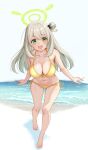  1girl :d bare_arms bare_legs barefoot bikini black_bow blue_archive blush bow breasts brown_hair ca_paria cleavage full_body green_eyes green_halo hair_between_eyes hair_bow hair_rings halo highres large_breasts looking_at_viewer nonomi_(blue_archive) nonomi_(swimsuit)_(blue_archive) ocean official_alternate_costume side-tie_bikini_bottom sidelocks simple_background smile solo standing swimsuit toes upper_body white_background yellow_bikini 