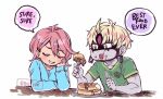  1boy 1girl blonde_hair blue_shirt blush closed_eyes dandadan earrings eating elbow_rest english_text enjoji_jin evil_eye_(dandadan) food food_on_face fork green_shirt holding holding_fork holding_knife jewelry knife long_sleeves looking_at_another omake open_mouth pancake parted_lips pink_hair rusky shiratori_aira_(dandadan) shirt short_hair simple_background smile speech_bubble third_eye twitter_username upper_body white_background 