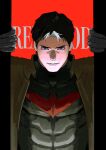  1boy bat_signal batman_(series) batman_symbol black_bodysuit black_gloves black_hair blue_eyes bodysuit brown_jacket dc_comics gloves grey_bodysuit highres jacket jason_todd male_focus multicolored_bodysuit muscular muscular_male open_clothes red_hood_(dc) red_hood_and_the_outlaws rwheel0333 short_hair superhero_costume taut_bodysuit two-tone_bodysuit 