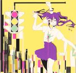  1girl arm_on_own_head bleeding blood blood_on_chest colored_skin extra_arms ghostandpals glitch highres monoko polo_shirt purple_hair purple_skirt shirt skirt traffic_light twintails white_shirt white_skin yellow_background yume_nikki 