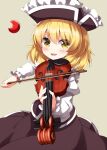  1girl :d black_hat black_skirt black_vest blonde_hair blush bow_(music) brown_background commentary cowboy_shot crescent frilled_hat frills hair_between_eyes hat highres holding holding_instrument holding_violin instrument long_sleeves looking_at_viewer lunasa_prismriver open_mouth ruu_(tksymkw) shirt short_hair simple_background skirt smile solo touhou vest violin white_shirt yellow_eyes 