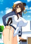  1girl absurdres alternate_costume ass baseball_cap blue_sky brown_eyes brown_hair cloud covered_nipples day desk hairband hand_on_own_hip haruhisky hat highleg highleg_one-piece_swimsuit highres holding holding_whistle jacket long_hair official_alternate_hair_length official_alternate_hairstyle one-piece_swimsuit open_clothes open_jacket outdoors raglan_sleeves ribbon school_desk sky solo standing suzumiya_haruhi suzumiya_haruhi_no_yuuutsu swimsuit thick_thighs thighs track_jacket whistle white_hat white_jacket white_one-piece_swimsuit yellow_hairband yellow_ribbon 