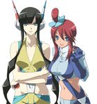  black_hair blue_eyes breasts fujimaru_(kinakomucch) fuuro_(pokemon) gloves gym_leader hair_ornament headphones kamitsure_(pokemon) large_breasts long_hair looking_at_viewer midriff multiple_girls navel poke_ball pokemon pokemon_(game) pokemon_bw2 red_hair 