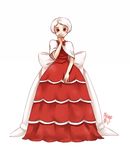  bangs bow capelet dress food_themed_clothes large_bow meago original parted_bangs personification red_eyes red_velvet_cake short_hair signature simple_background solo white_hair 
