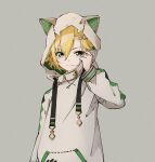  1boy adjusting_hood animal_ears animal_hood blonde_hair cat_ears cat_hood closed_mouth crescent crescent_hair_ornament drawstring fake_animal_ears flipped_hair green_eyes green_hoodie grey_background hair_between_eyes hair_ornament hairpin highres hood hood_up hoodie long_sleeves looking_at_viewer male_focus morio926 nijisanji polka_dot polka_dot_hoodie short_hair sidelocks simple_background solo standing star_(symbol) star_hair_ornament two-sided_fabric upper_body uzuki_kou uzuki_kou_(2nd_costume) virtual_youtuber white_hoodie 