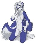  blush breasts female fur green_eyes hair hindpaw keihound kneeling long_hair long_tail mammal nipples nude paws plain_background skunk solo taki white_background white_hair 