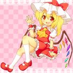  arm_up ascot bad_id bad_pixiv_id blonde_hair blush checkered checkered_background crystal fang flandre_scarlet hat hat_ribbon inanosuke mary_janes open_mouth red_eyes ribbon shoes short_hair side_ponytail sitting skirt smile socks solo touhou white_legwear wings wrist_cuffs 