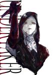  1girl arm_up black_capelet black_gloves blood blood_on_clothes blood_on_face capelet character_name cropped_torso elbow_gloves elden_ring elden_ring_nightreign gloves highres hood hood_up looking_down nun osakana_(denpa_yun&#039;yun) red_eyes solo undertaker_(elden_ring) v white_background 