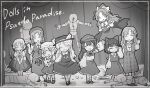  6+girls ;) absurdres ascot bare_shoulders beret blood blue_capelet bow braid brown_skirt cape capelet collared_shirt crystal crystal_wings detached_sleeves dolls_in_pseudo_paradise dress fedora flandre_scarlet flat_cap frilled_bow frilled_hat frills ghost_tail greyscale hair_bow hair_tubes hakurei_reimu hat hat_feather hat_ornament hat_ribbon highres holding hong_meiling jacket_girl_(dipp) jewelry kazami_yuuka kazami_yuuka_(pc-98) knife label_girl_(dipp) long_hair long_sleeves mandarin_collar mannequin mask matsuri_(komatumarina) mima_(touhou) mob_cap monochrome multiple_girls muse_(seihou) newsboy_cap nontraditional_miko one_eye_closed open_mouth pants pinafore_dress plaid_clothes plaid_pants plaid_vest puffy_short_sleeves puffy_sleeves ribbon ribbon-trimmed_sleeves ribbon_trim seihou shirt short_hair short_sleeves side_ponytail skirt skirt_set sleeveless sleeveless_dress smile standing star_(symbol) star_hat_ornament sun_print sun_symbol touhou touhou_(pc-98) twin_braids very_long_hair vest wavy_hair wide_sleeves wings wizard_hat 