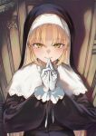  1girl black_dress black_veil blonde_hair blush capelet church closed_mouth commentary confessional_interior dress english_commentary frilled_gloves frills gloves guimpe high_collar highres indoors kuji-in long_hair long_sleeves nijisanji nun otsudou own_hands_clasped own_hands_together parted_bangs sidelocks sister_claire sister_claire_(1st_costume) smile solo straight_hair traditional_nun upper_body veil virtual_youtuber white_capelet white_gloves wispy_bangs yellow_eyes 