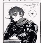  1boy black_jacket commentary dated english_commentary food food_in_mouth greyscale hair_over_one_eye head_rest heart highres jacket leather leather_jacket lighter_(zenless_zone_zero) looking_over_eyewear male_focus monochrome morotomo_(moromoro_03) motion_lines parted_lips pocky pocky_in_mouth scarf short_hair shoulder_spikes solo spiked_jacket spikes spoken_heart sunglasses upper_body zenless_zone_zero 