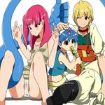  2boys aladdin_(magi) ali_baba_saluja bad_aspect_ratio bad_id bad_pixiv_id blonde_hair blue_eyes blue_hair earrings fuee highres jewelry magi_the_labyrinth_of_magic morgiana multiple_boys one_side_up red_eyes red_hair short_hair thumbs_up 