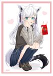  1girl absurdres ahoge akina_(user_ucnd3578) animal_ear_piercing animal_ears aqua_eyes black_shoes blue_skirt blue_socks blush food food_in_mouth fox_ears fox_girl fox_tail grey_sweater hair_between_eyes hair_ornament highres hololive long_hair looking_at_viewer official_alternate_costume official_alternate_hairstyle pentagram plaid_clothes plaid_skirt pleated_skirt pocket pocky pocky_in_mouth school_uniform shirakami_fubuki shirakami_fubuki_(11th_costume) shoes signature skirt socks solo squatting sweater tail thighs twintails white_background white_hair 