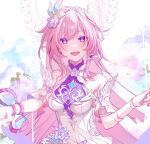  1girl armlet bare_shoulders breasts commentary_request cyrene_(honkai:_star_rail) cyrene_(ripples_of_past_reverie)_(honkai:_star_rail) diamond-shaped_pupils diamond_(shape) dress flower hair_flower hair_ornament honkai:_star_rail honkai_(series) jewelry long_hair looking_at_viewer medium_breasts open_mouth pink_hair pochimaru_(marumaru_wanwan) pointy_ears purple_eyes purple_flower purple_rose rose sidelocks smile solo symbol-shaped_pupils upper_body white_dress 